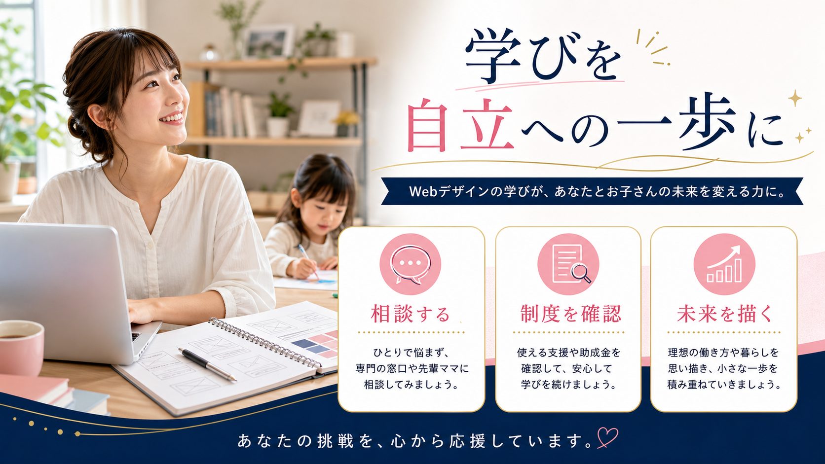 シンママの在宅ワーク教科書の記事「ひとり親がWebデザインを学ぶならココ！MamaEduプロジェクトの特徴」の見出し「最後に」を説明する画像