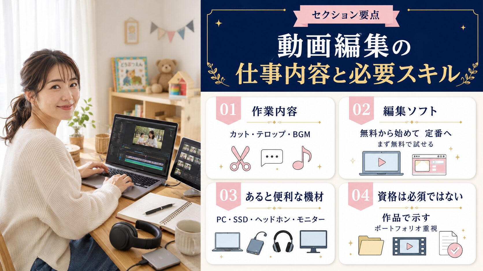 シンママの在宅ワーク教科書の記事「【未経験OK】シングルマザーの動画編集在宅ワーク｜必要スキル・案件相場を解説」の見出し「動画編集の仕事内容と必要スキル」を説明する画像。具体的な作業内容（カット編集・テロップ入れ・BGM挿入等）、覚えるべき編集ソフト（Premiere Pro・DaVinci Resolve・CapCut等）、動画編集にあると便利な機材の目安を図解
