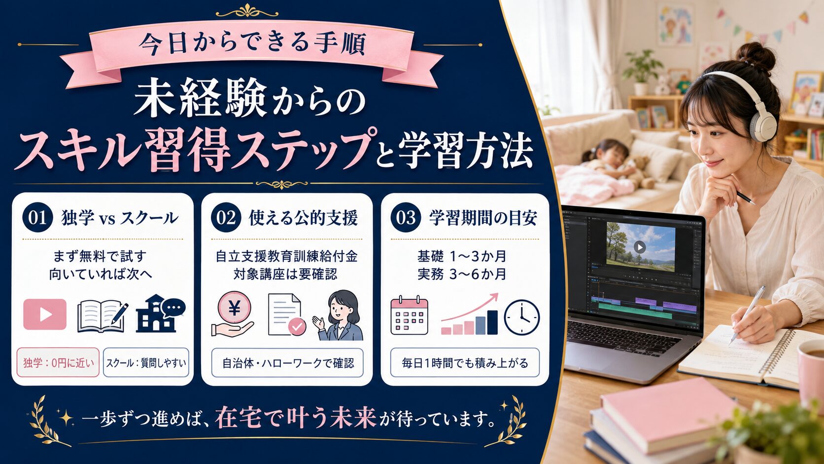 シンママの在宅ワーク教科書の記事「【未経験OK】シングルマザーの動画編集在宅ワーク｜必要スキル・案件相場を解説」の見出し「未経験からのスキル習得ステップと学習方法」を説明する画像。独学（YouTube・無料教材）vs スクールの向き不向き、動画編集スクール利用時に使える公的支援制度、学習期間の目安（基礎1〜3ヶ月、実務レベルまで3〜6ヶ月）を図解