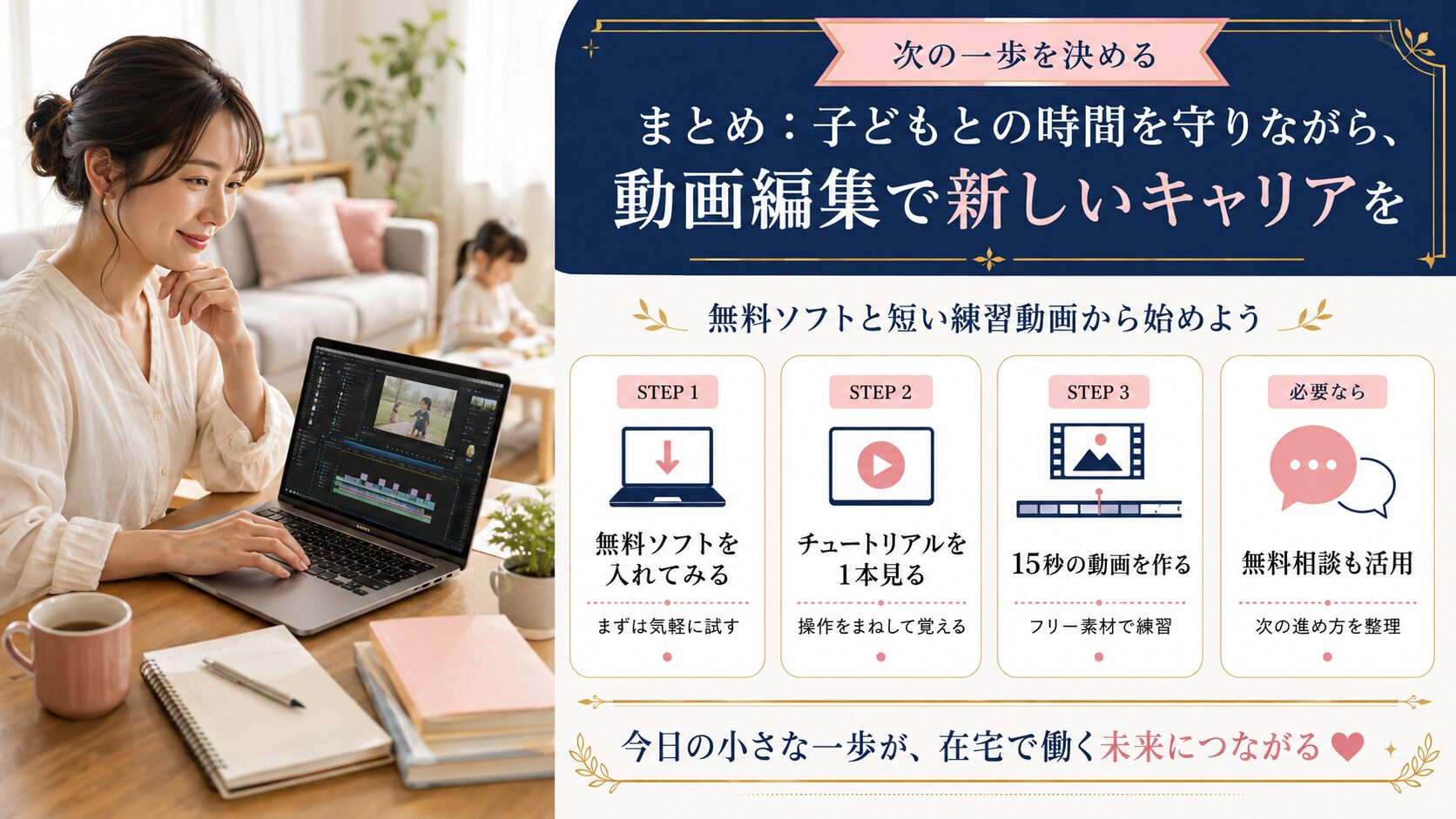 シンママの在宅ワーク教科書の記事「【未経験OK】シングルマザーの動画編集在宅ワーク｜必要スキル・案件相場を解説」の見出し「まとめ：子供との時間を守りながら、動画編集で新しいキャリアを」を説明する画像