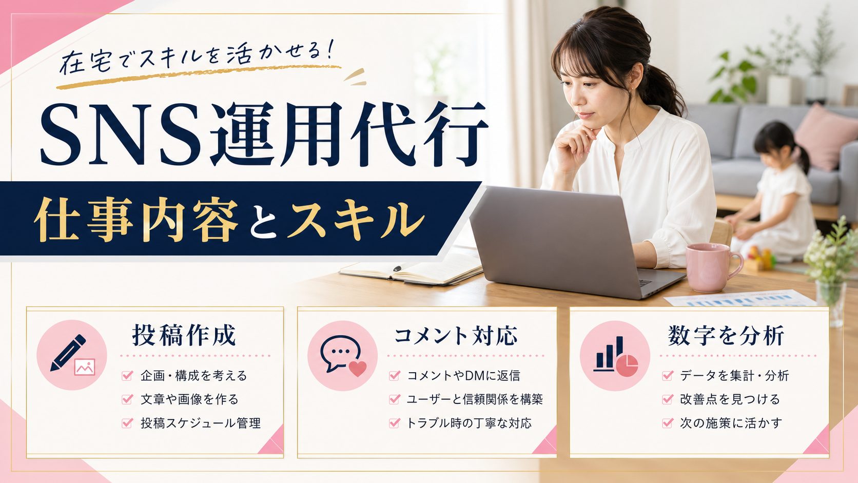 シンママの在宅ワーク教科書の記事「SNS運用代行はシングルマザーに向いてる？始め方と案件選びのコツ」の見出し「SNS運用代行の仕事内容と必要スキル」を説明する画像。具体的な業務内容、使うツール、特別な資格は不要。必要なのは「運用経験」と「数字で語れる実績」を図解