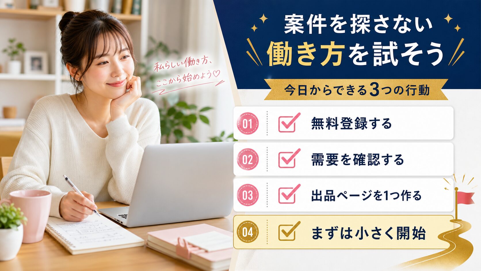 案件を探さない働き方を始める今日からできる行動を図解した画像