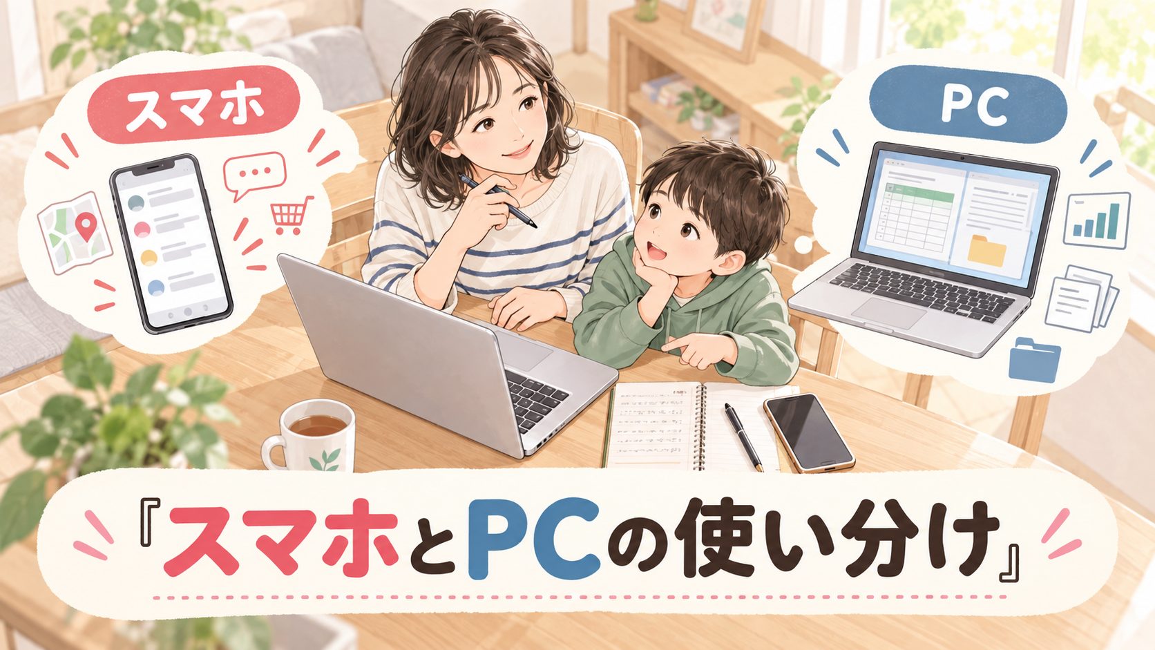 短時間のスマホ作業と長時間や複数情報を扱うパソコン作業を比較する図