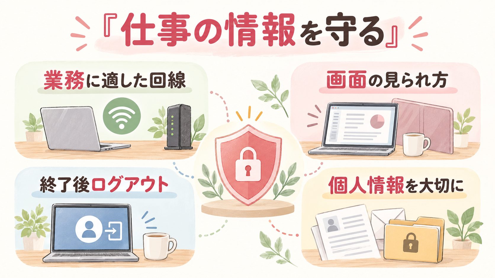 回線と画面の扱いとログアウトで業務の個人情報を管理する図