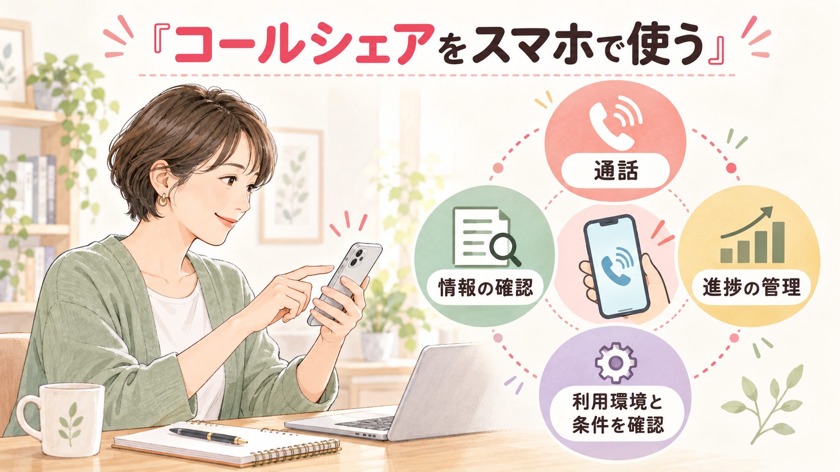 スマホで通話と情報確認と進捗管理を行うコールシェアの概念図