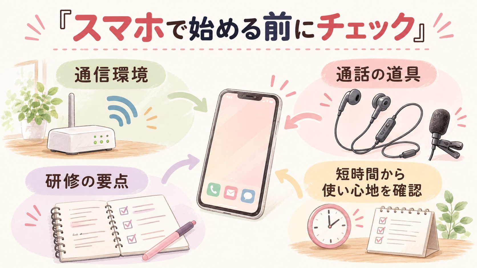 通信環境とイヤホンマイクと研修メモを準備するスマホ業務のまとめ図