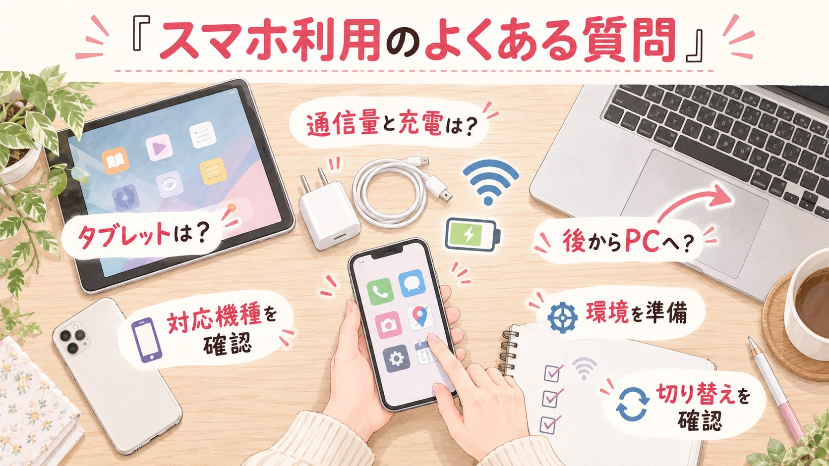 対応端末と充電や通信量とパソコンへの切り替えに関する質問図