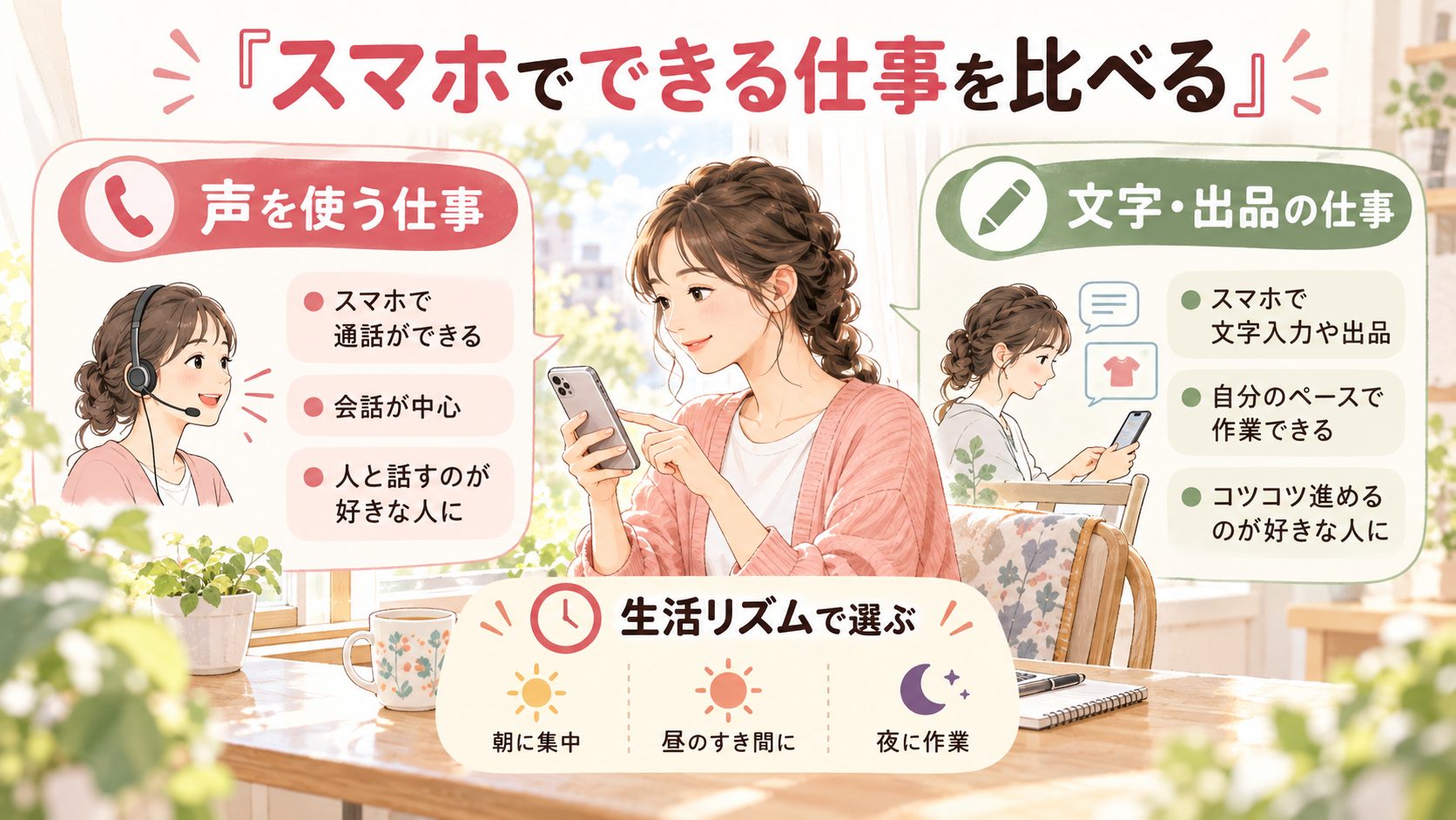 通話中心の仕事と文字や出品中心の仕事をスマホで行う比較図