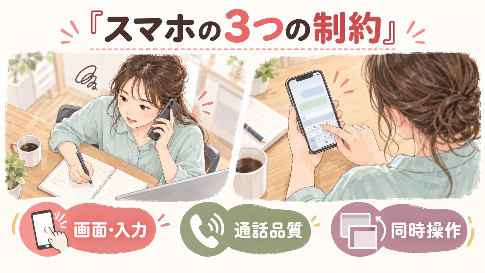 画面入力と通話品質と同時操作というスマホ業務の制約を示す図