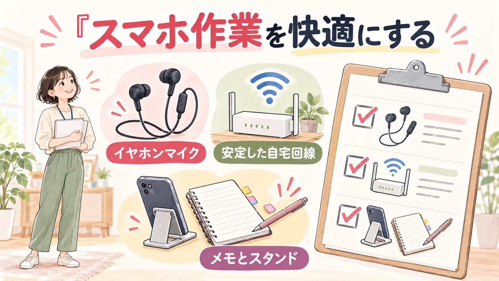 イヤホンマイクと自宅回線とメモとスタンドを使うスマホ作業の工夫を示す図