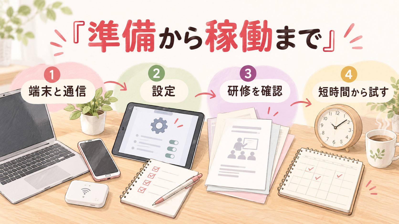端末と通信の準備から設定と研修と初回稼働までの四段階の図