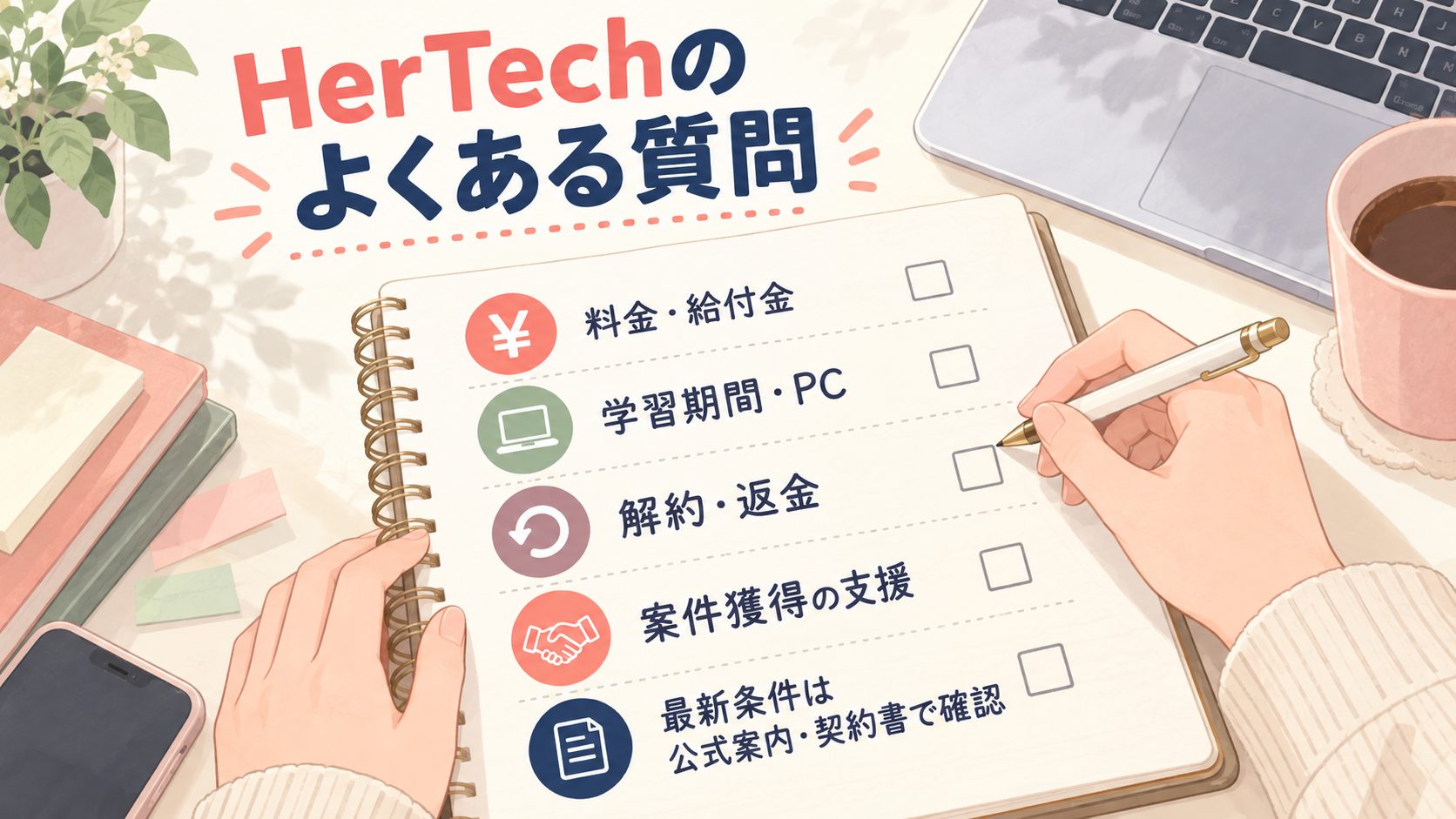 HerTechについて料金と給付金、学習期間とパソコン、解約と返金、案件獲得支援の条件を確認する図解