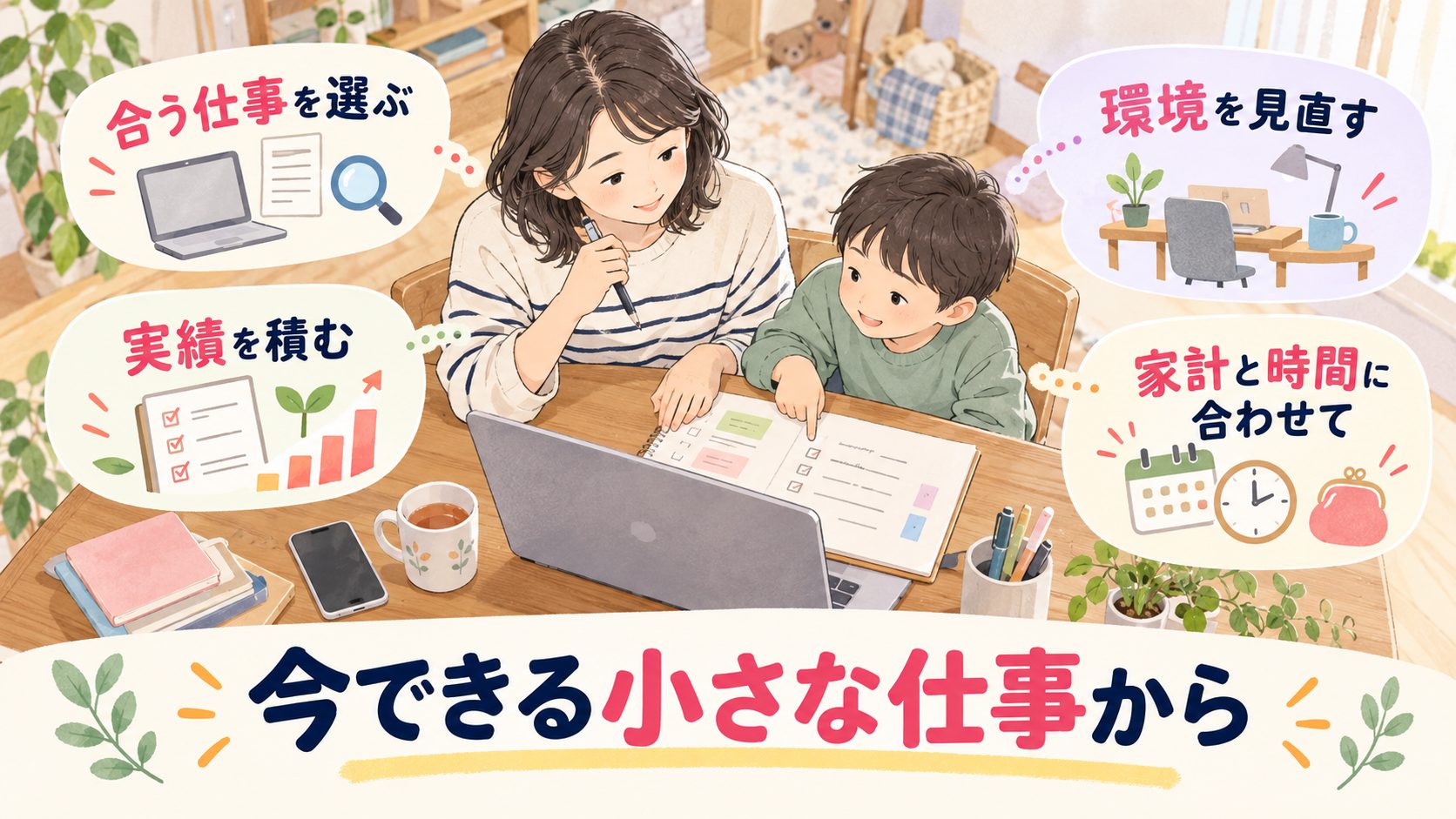 仕事を選び実績を積み環境を見直すスマホ在宅ワークのまとめ図