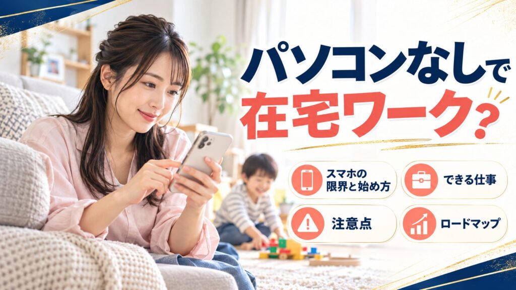 自宅でスマートフォンを使う女性と、スマホ在宅ワークの仕事と注意点