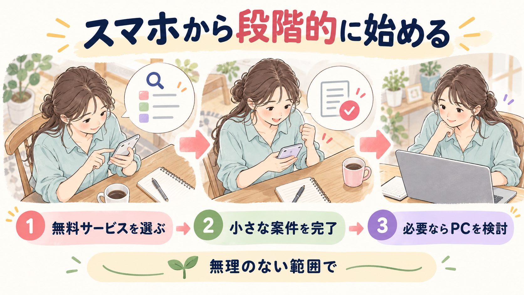 サービスを選び小さな案件を完了して必要に応じパソコンを検討する三段階の図
