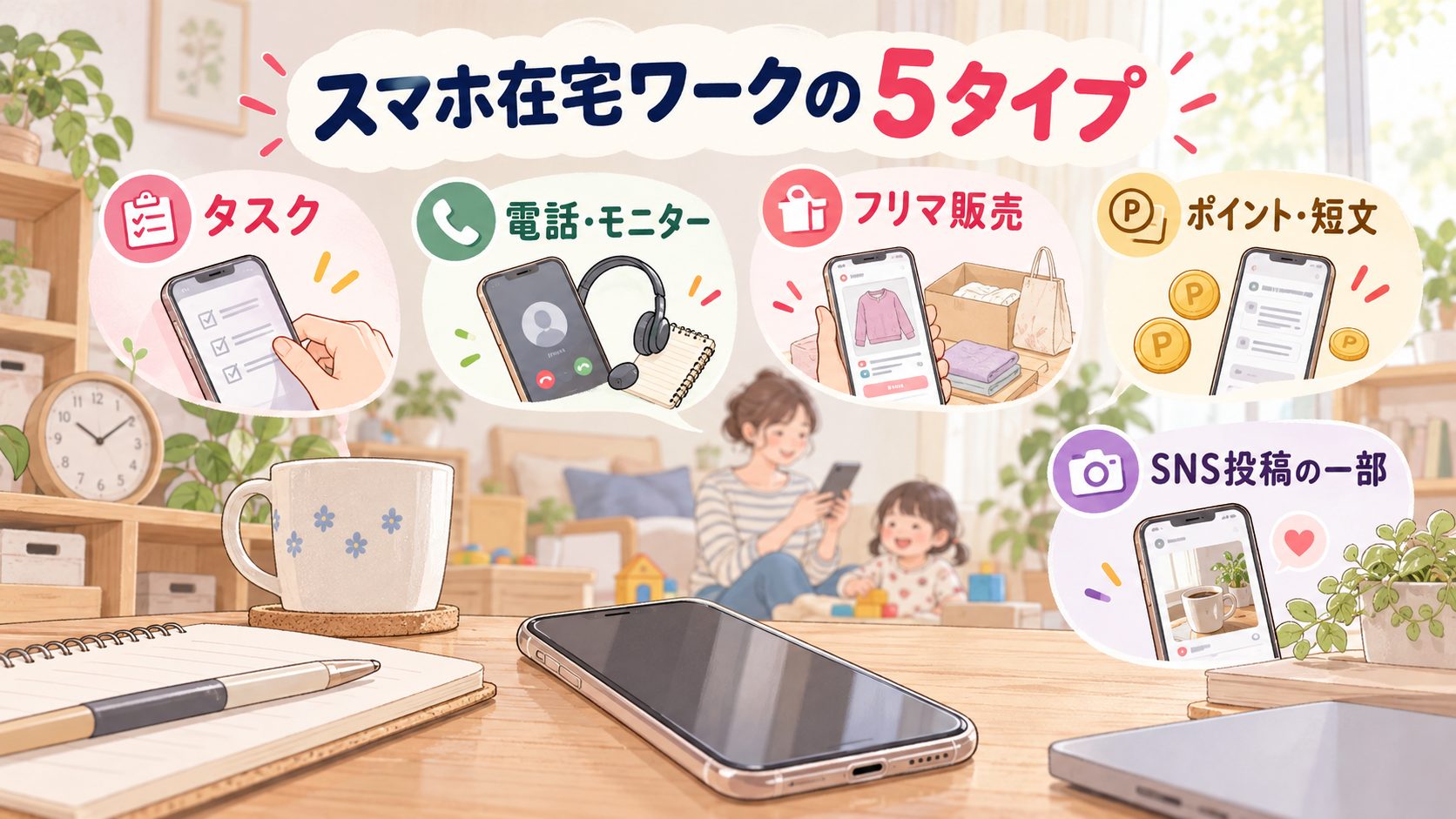 タスク、電話とモニター、フリマ、ポイントと短文、SNS投稿の五つのスマホ作業を示す図