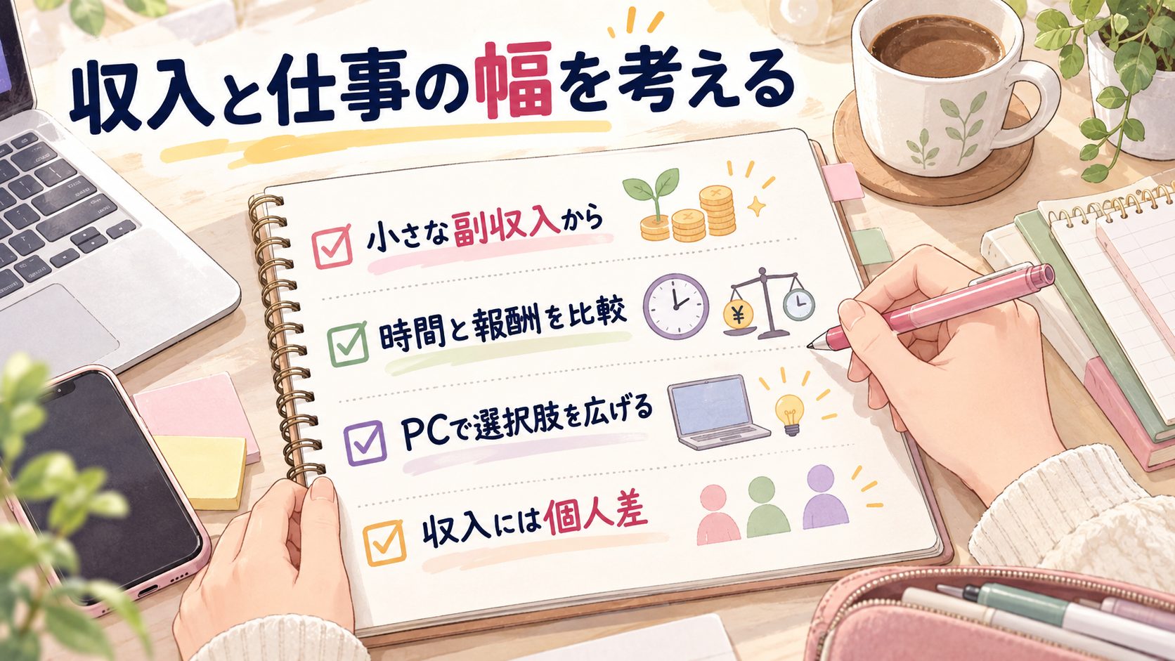 小さな副収入と時間効率とパソコン導入を考えるスマホ在宅ワークの図