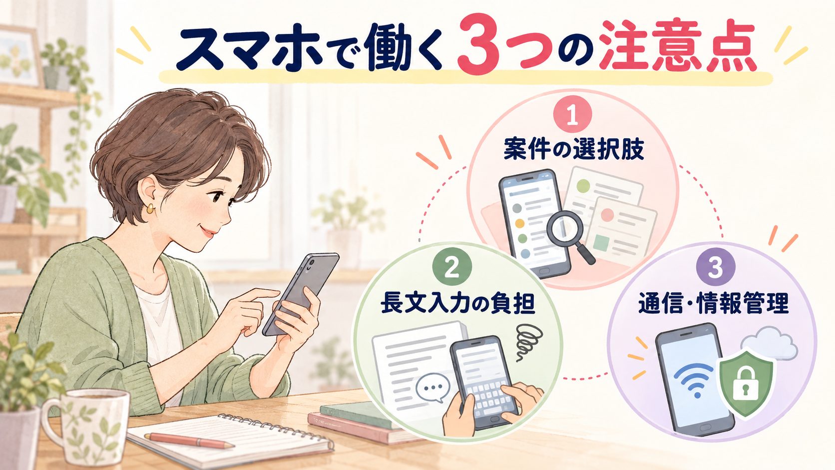 スマホ在宅ワークの案件選択と入力負担と通信管理の注意点を示す図