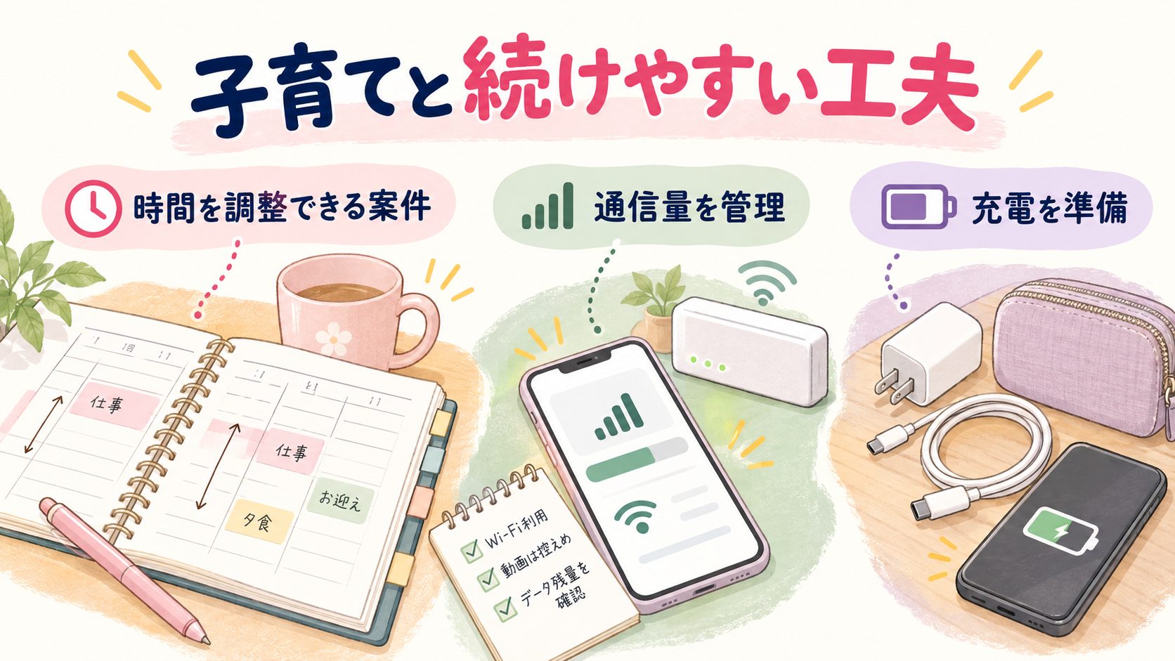 子育ての予定に合わせた案件選びと通信量と充電管理を示す母子の図