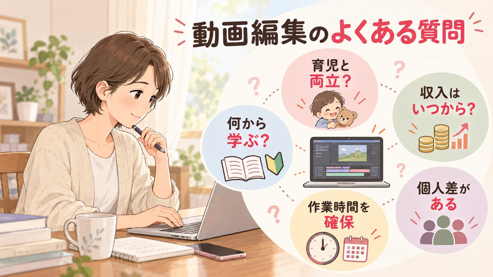 育児との両立、収入の個人差、基本学習に関する動画編集の質問図