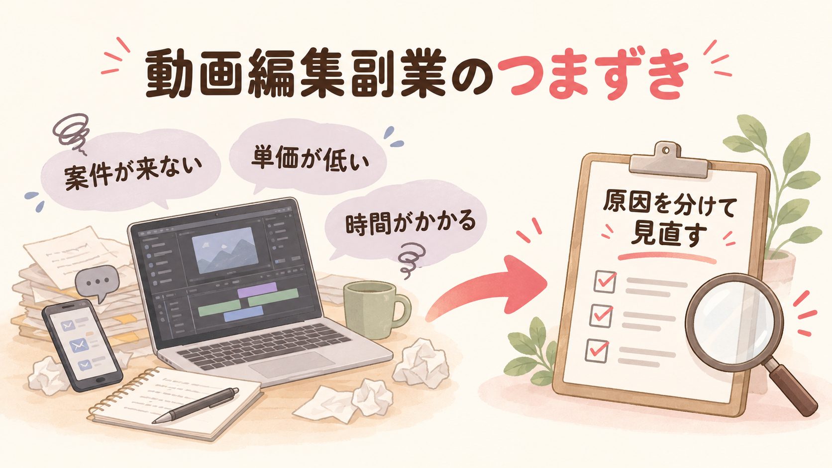 案件不足、低単価、長い作業時間という動画編集副業の課題を示す図