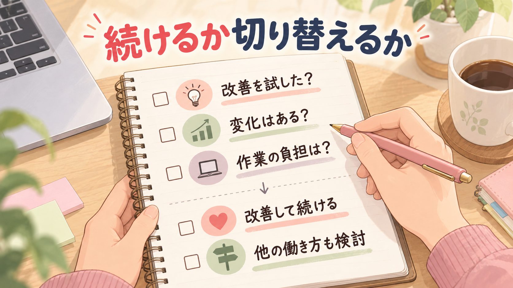 改善の実施と結果と負担を振り返り動画編集の継続を考える図