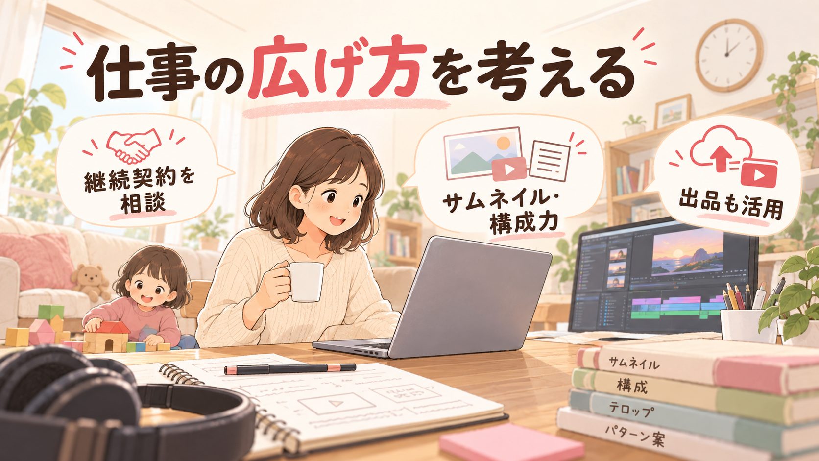 継続契約、サムネイルと構成のスキル、出品を検討する動画編集の図