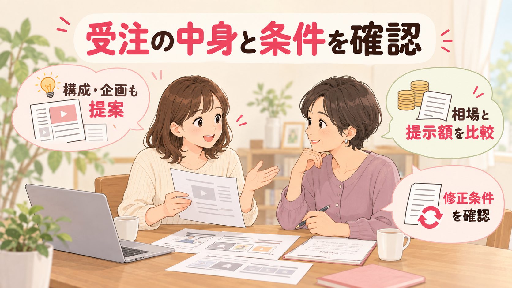 動画構成の提案と報酬と修正条件を確認する動画編集受注の図