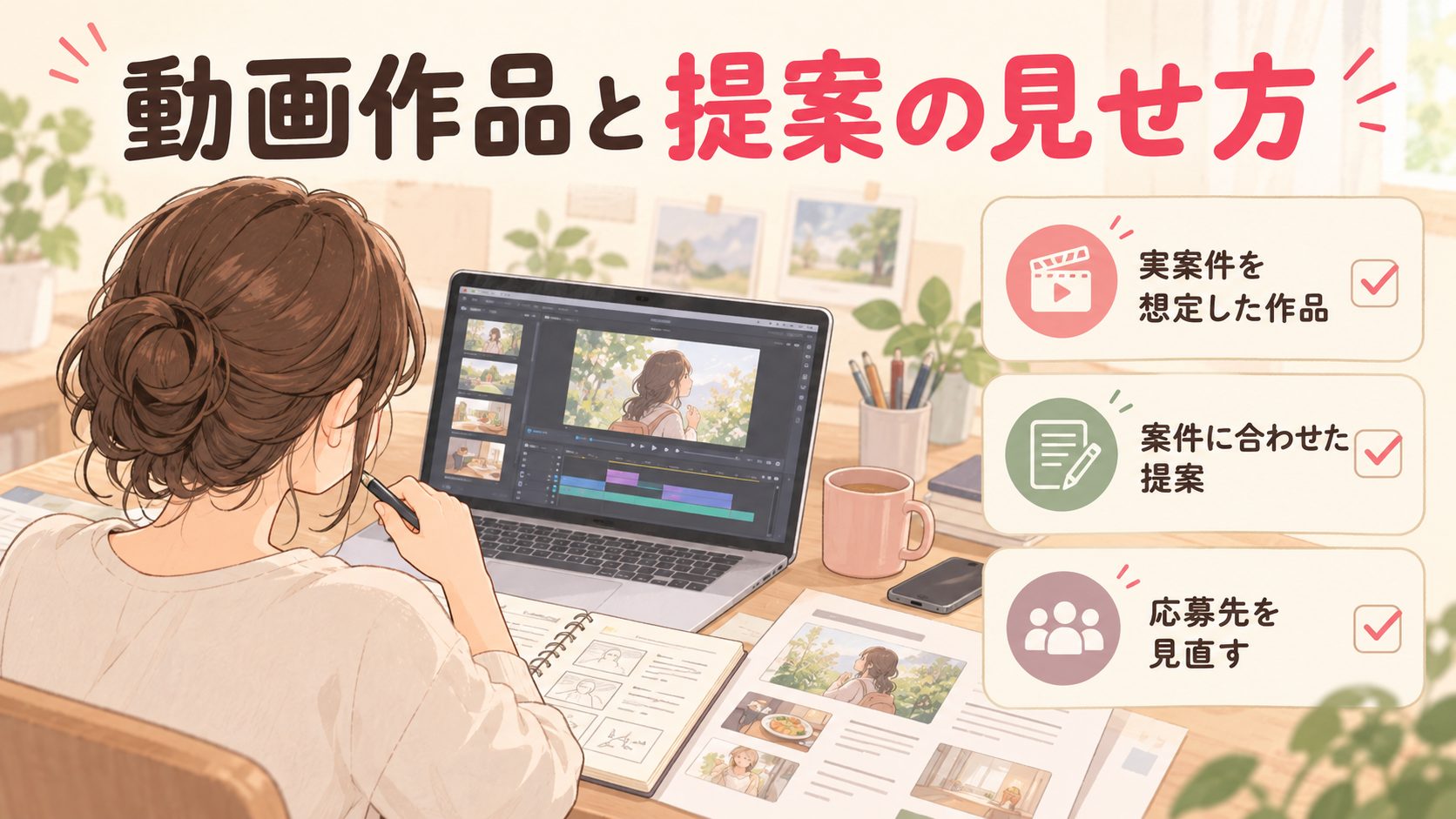 動画ポートフォリオ、案件別提案、応募先を見直す図