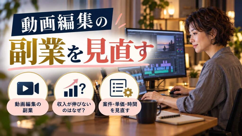 パソコンで動画を編集する女性と案件と単価と時間の見直し項目