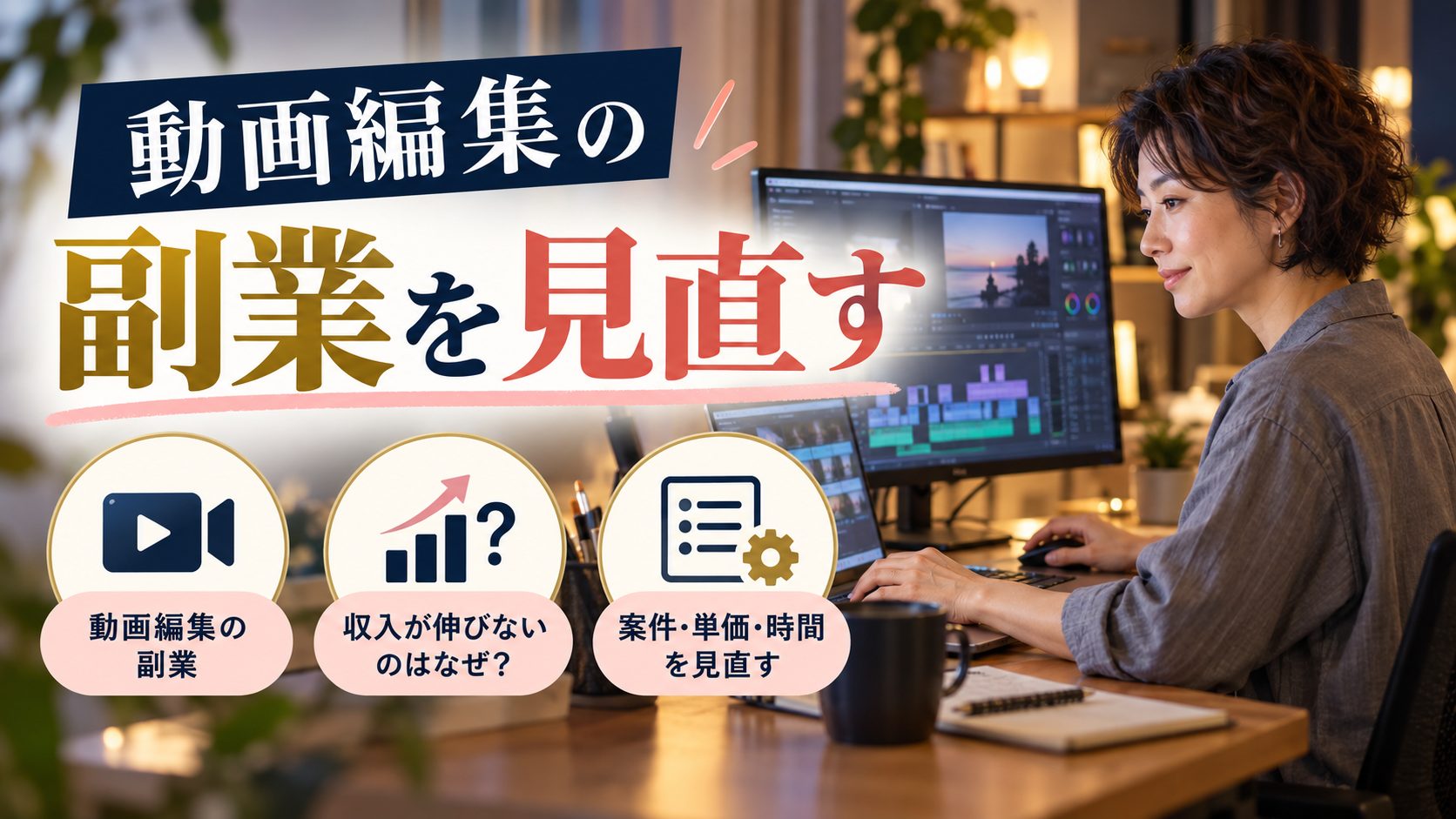 パソコンで動画を編集する女性と案件と単価と時間の見直し項目