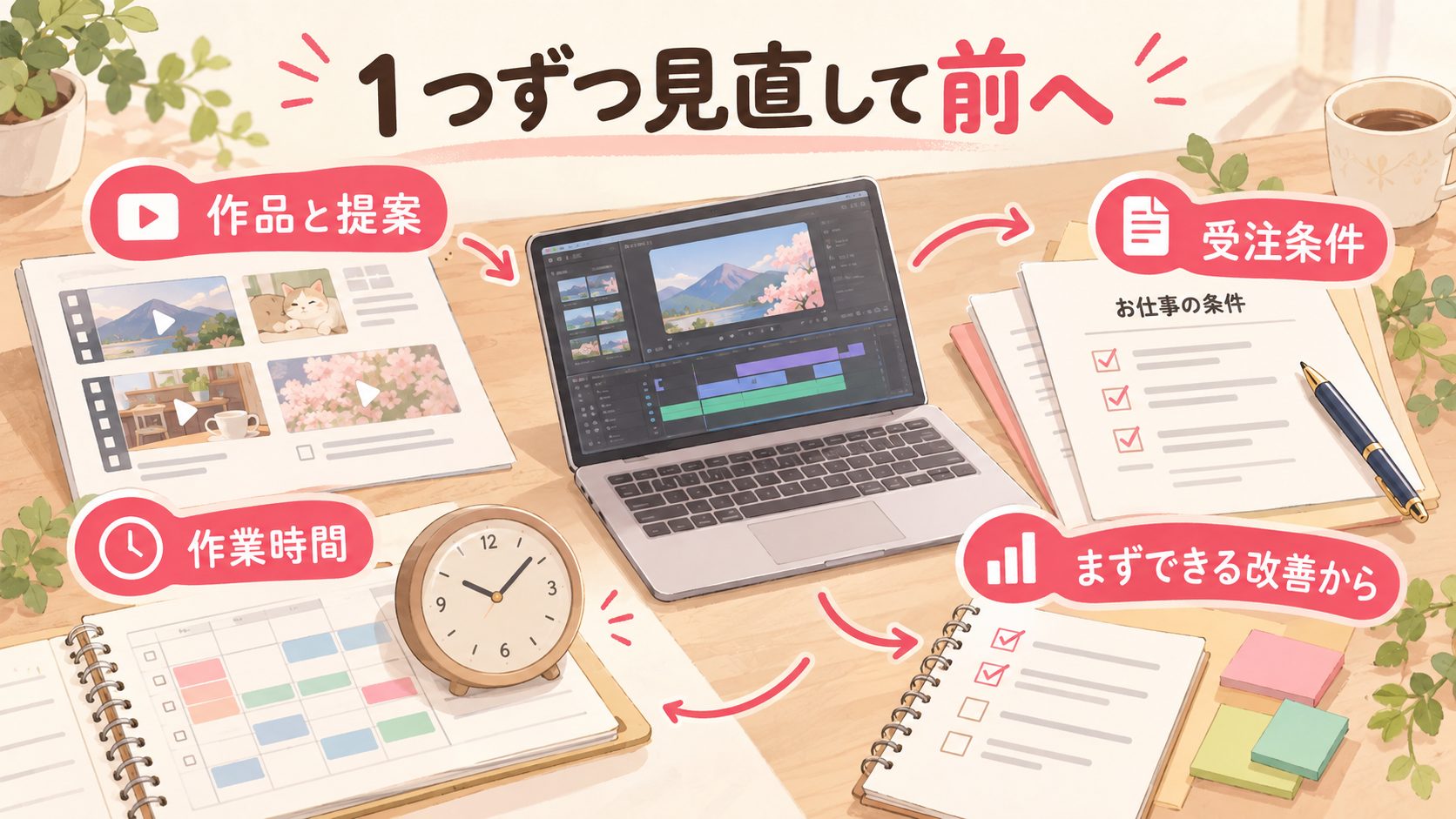 作品と提案、受注条件、作業時間を改善する動画編集副業のまとめ図
