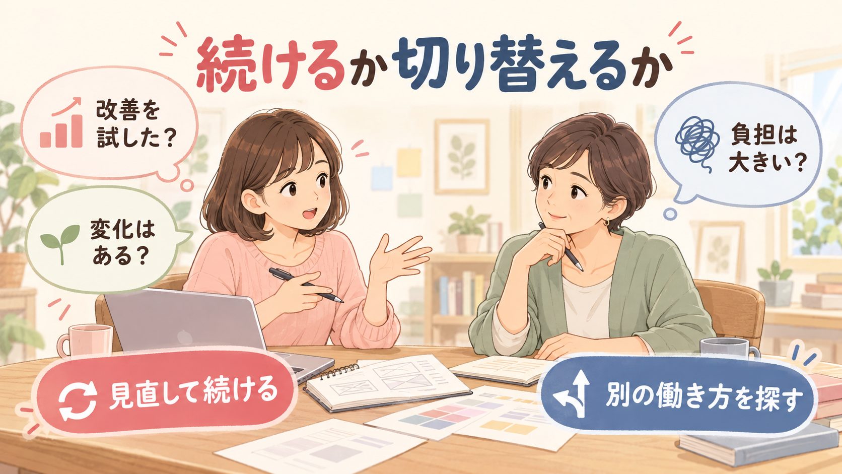 改善状況と負担を振り返りWebデザインの継続や職種変更を考える図
