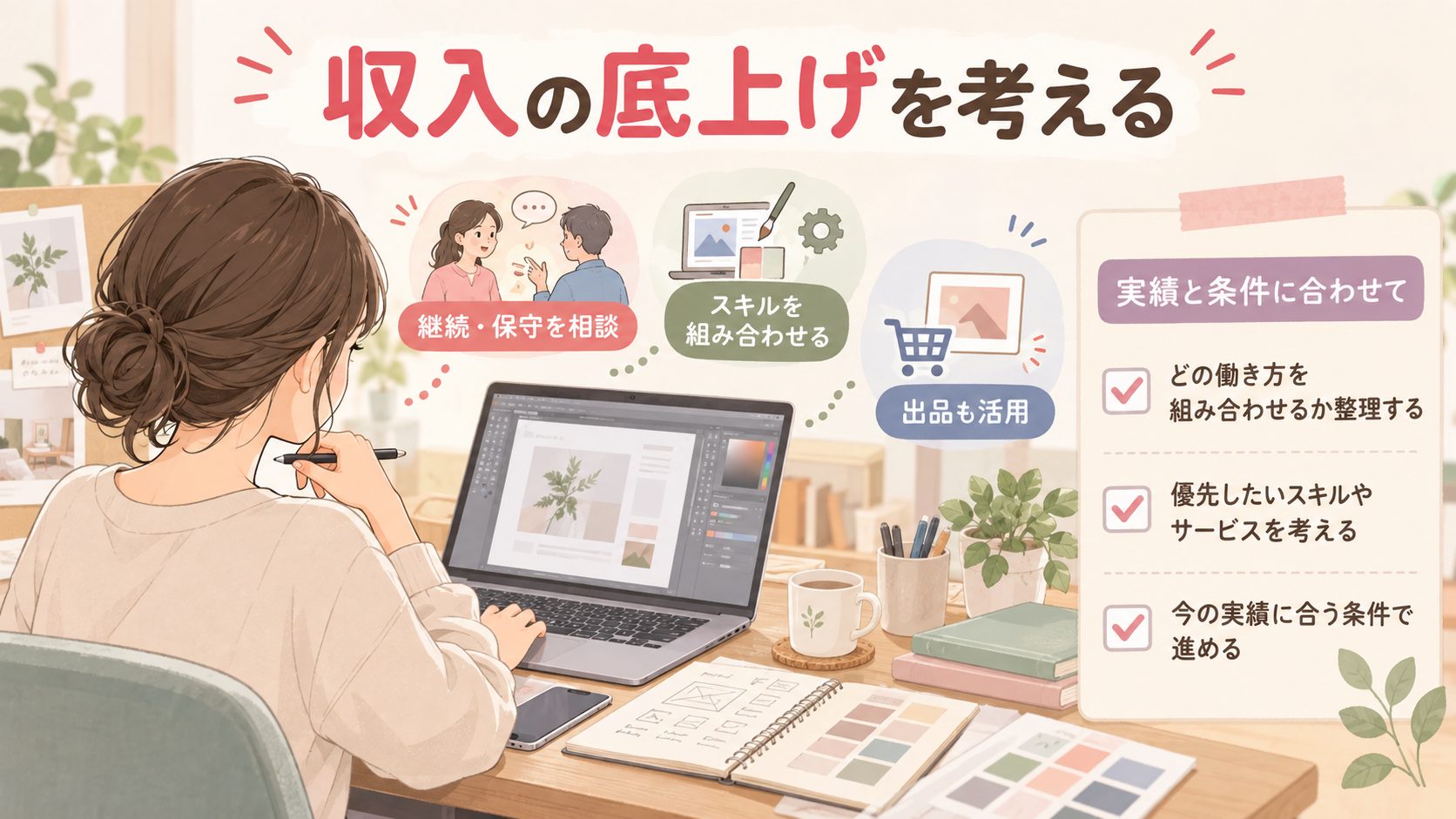 継続契約、複合スキル、サービス出品を検討するWebデザインの図