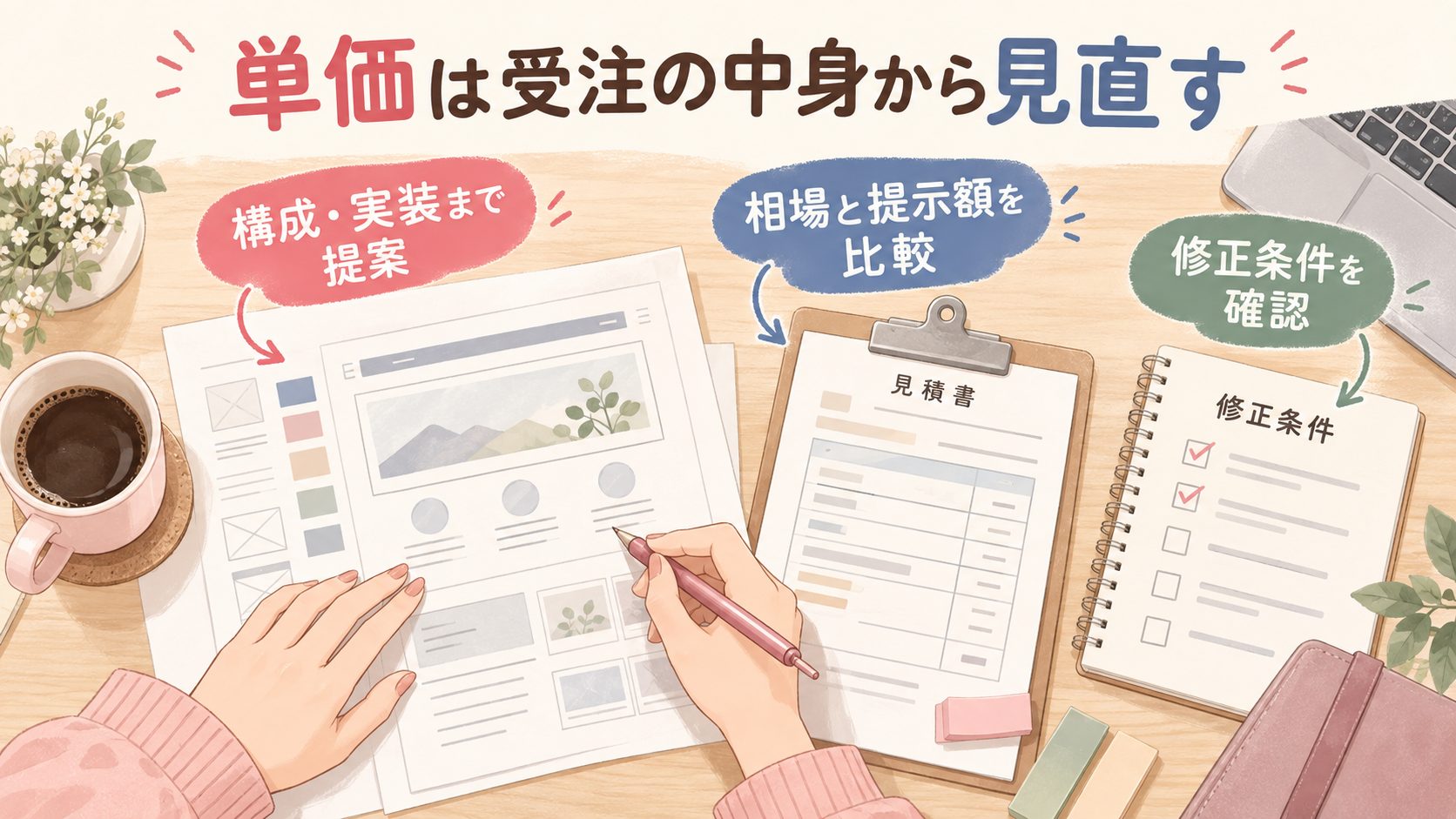 提案範囲、提示額、修正条件を確認するWebデザイン受注の図