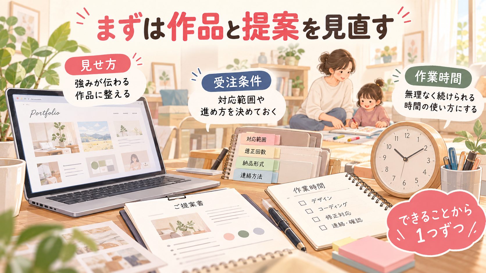作品の見せ方、受注条件、作業時間を見直すWebデザイン副業のまとめ図