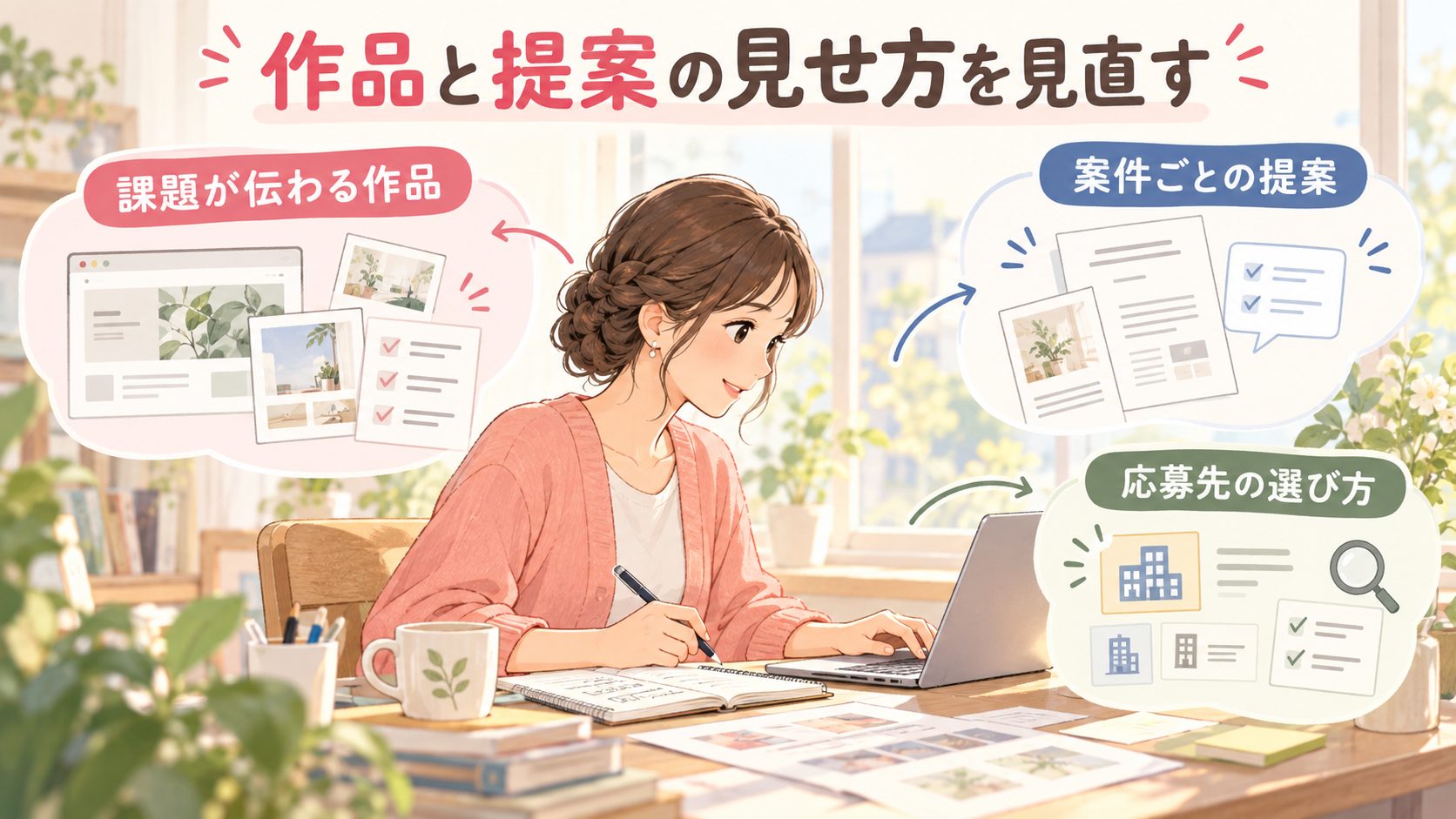 ポートフォリオの課題解決、提案文、応募先を見直すWebデザインの図