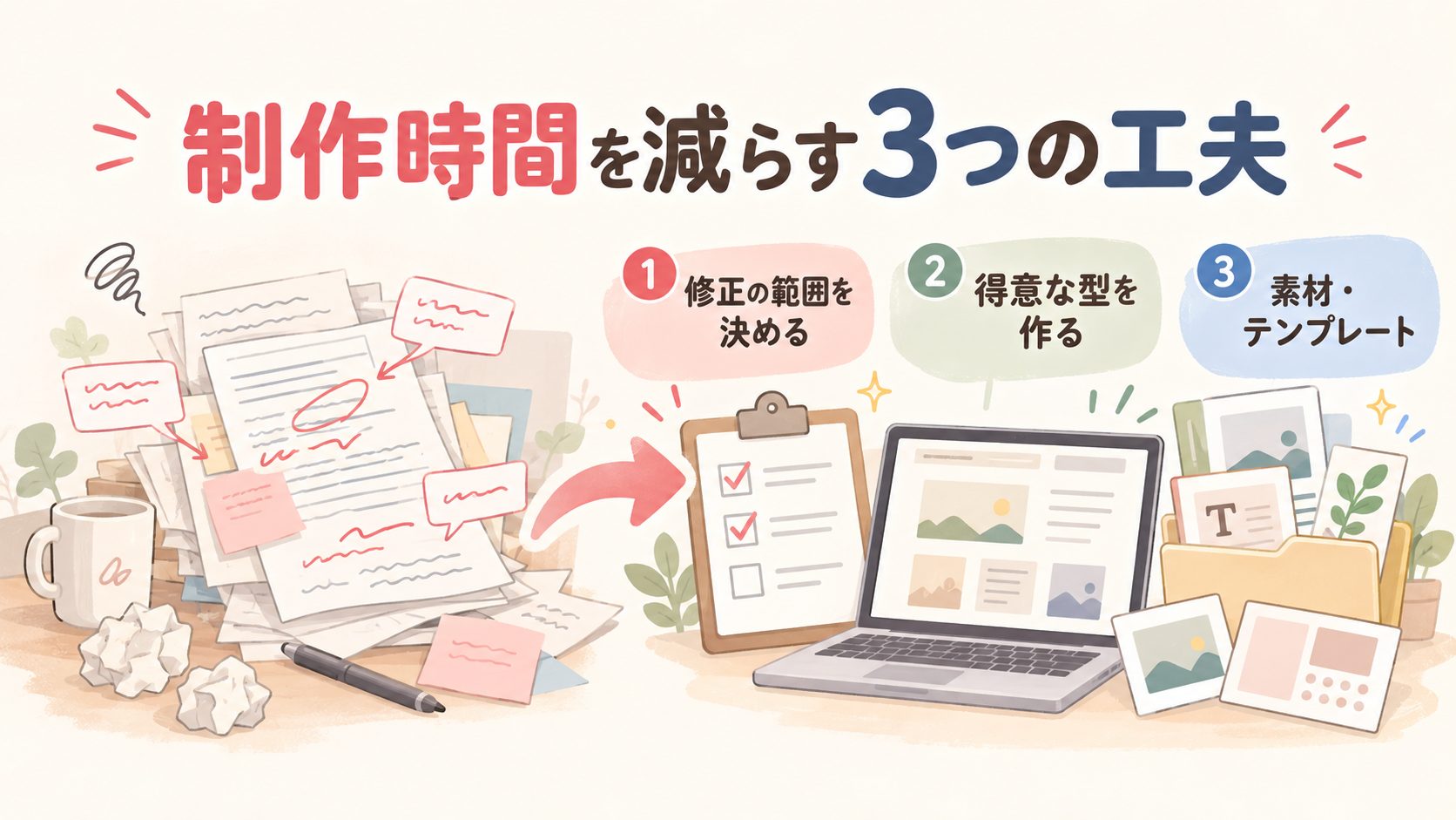 修正範囲と得意な制作形式とテンプレートで作業を効率化する図