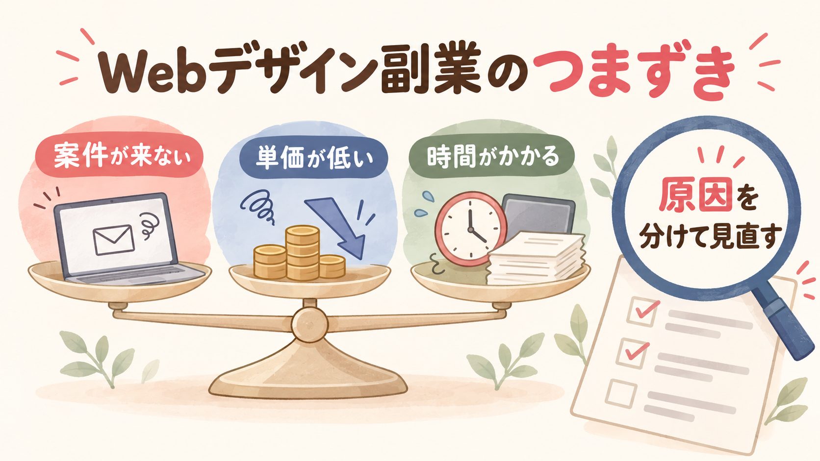 案件不足、低単価、作業時間の三つのWebデザインのつまずきを示す図