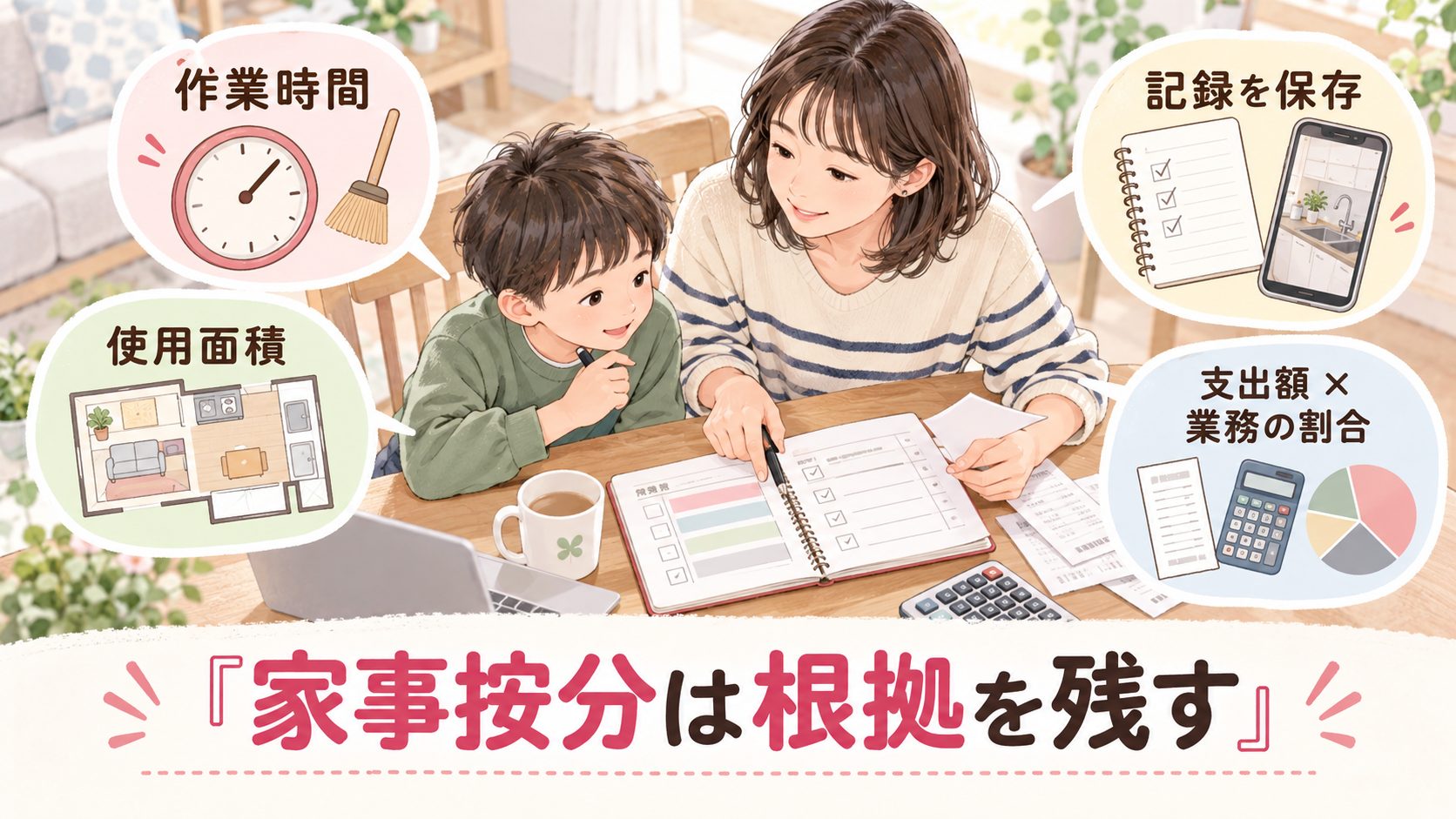 作業時間と使用面積と記録をもとに家事按分を考える図