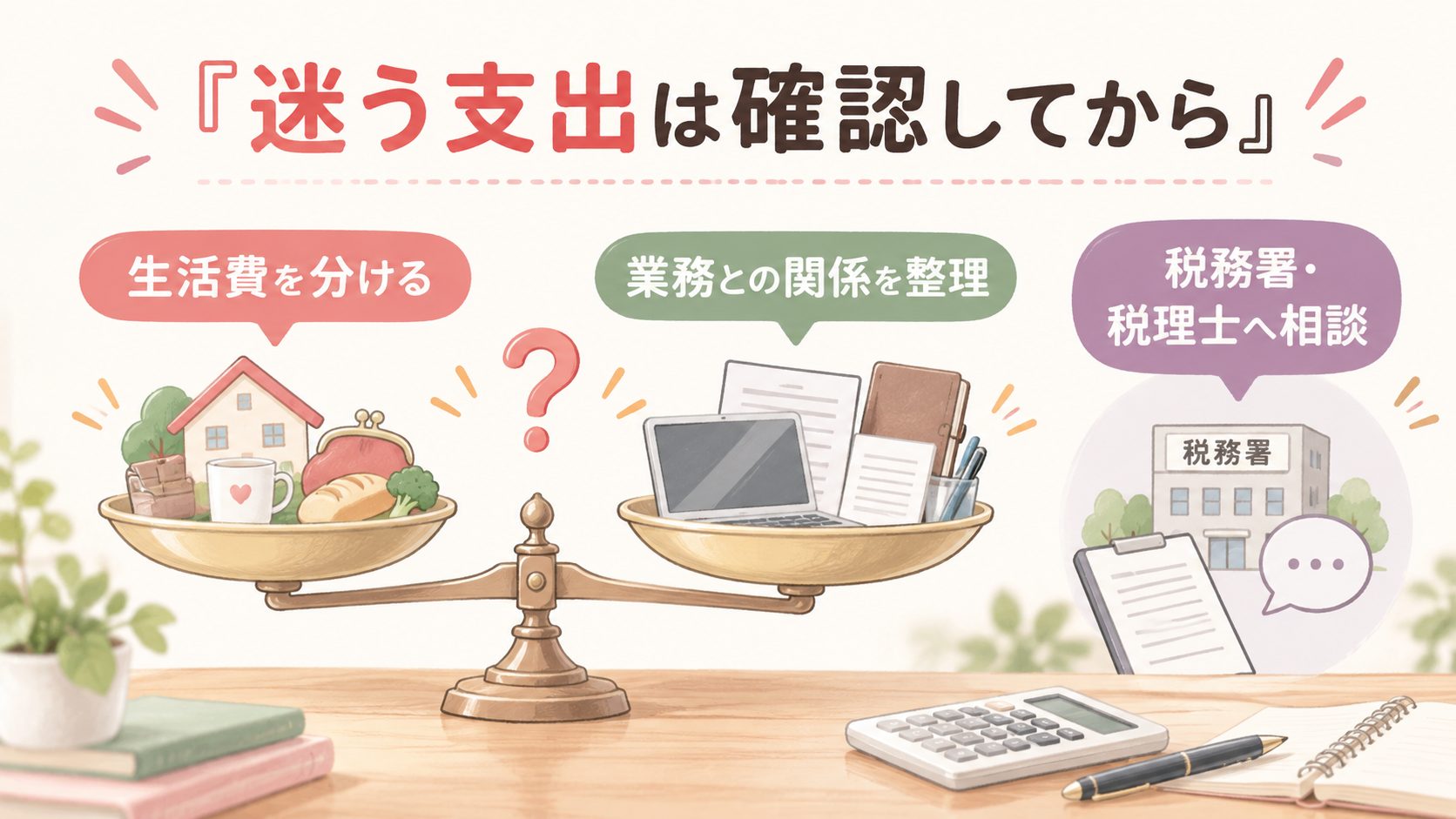 生活費との区分と業務との関係を整理し、迷う経費を相談する図