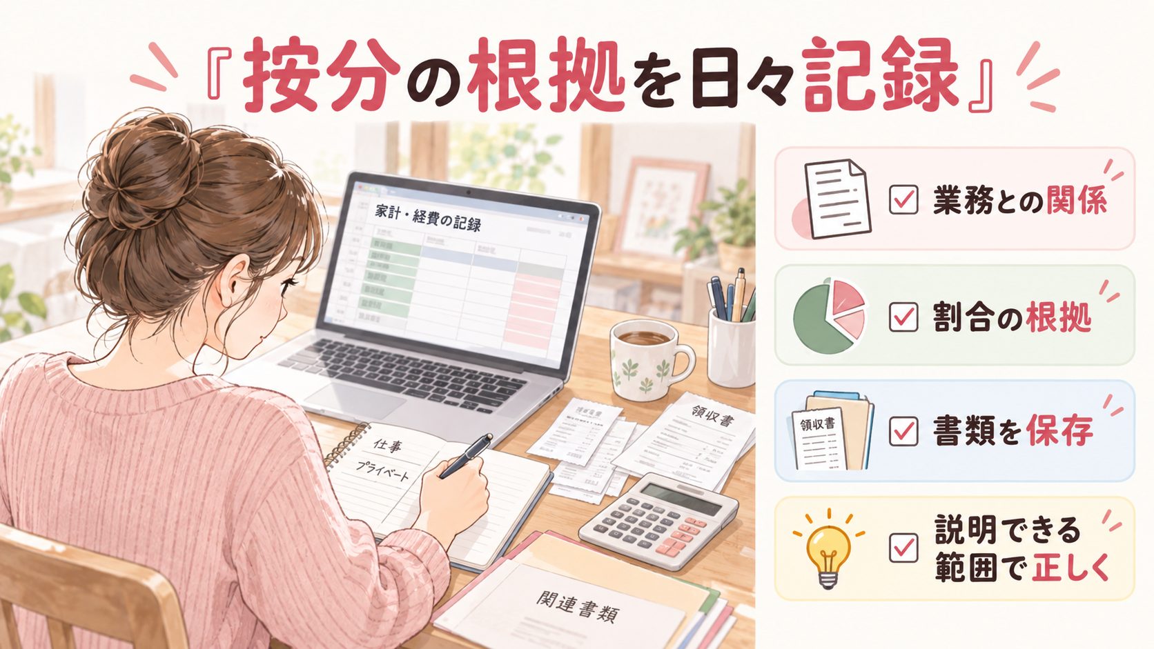 業務との関係と按分割合の根拠と書類を保存する経費のまとめ図