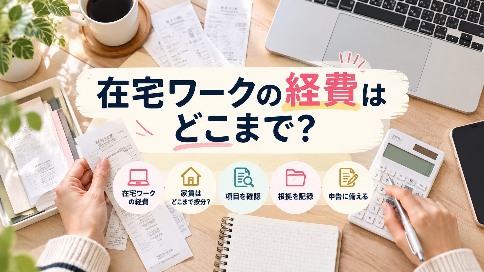 領収書とパソコンを使い在宅ワークの経費と家賃按分を確認する女性
