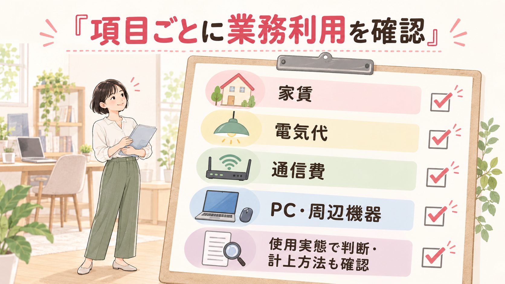 家賃、電気代、通信費、パソコンについて業務利用の範囲を確認する図