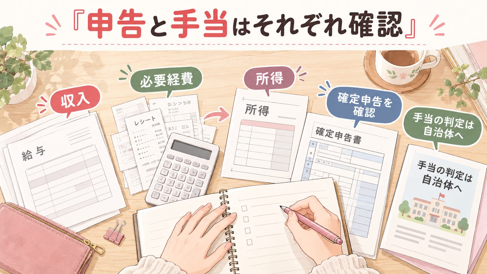 収入から必要経費を差し引いた所得と申告や手当の確認を示す図