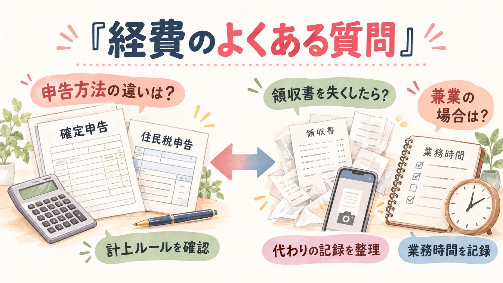 申告方法、領収書紛失、兼業の業務時間に関する経費の質問図
