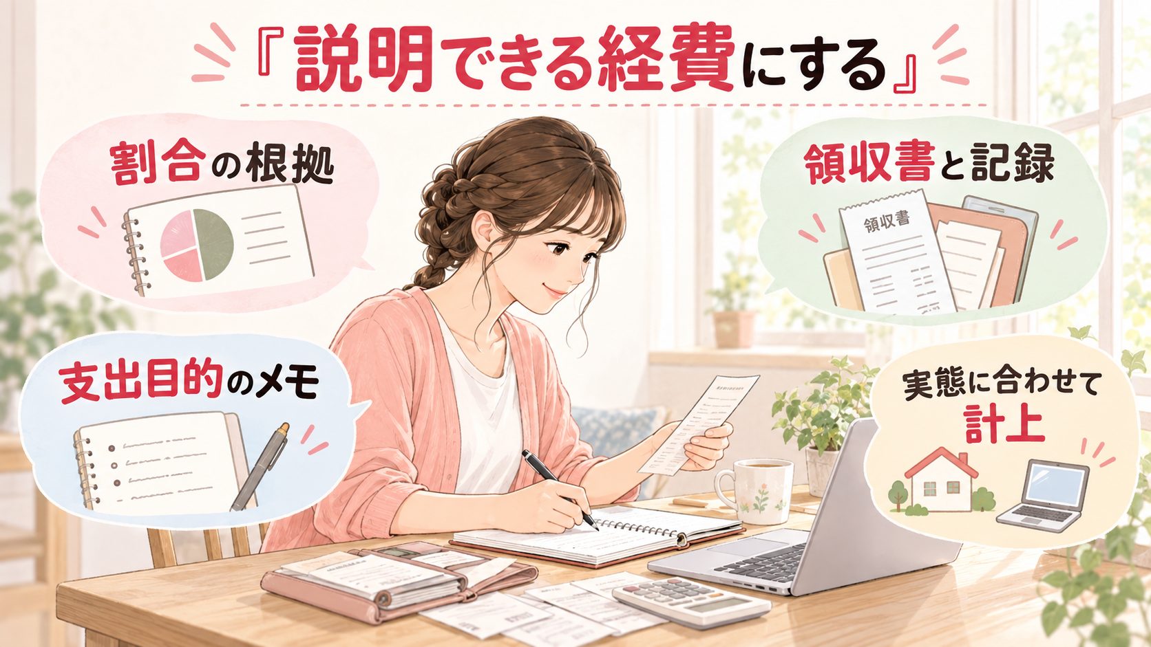 按分の根拠、領収書、支出目的のメモを残す経費管理の図