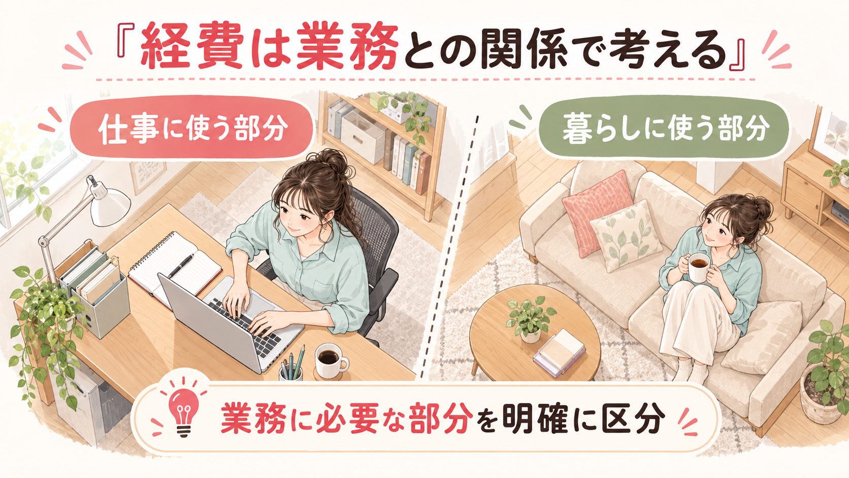 自宅の仕事用スペースと生活用スペースを分けて経費を考える図