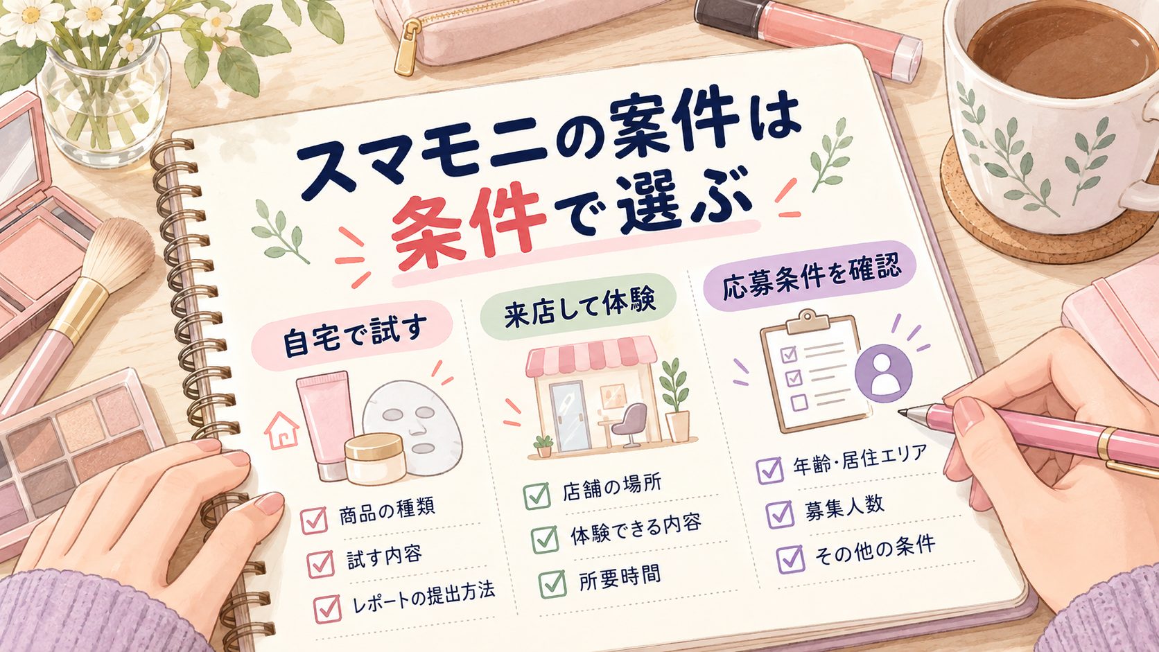 自宅のコスメ体験と来店型体験と応募条件を比較する美容モニターの図