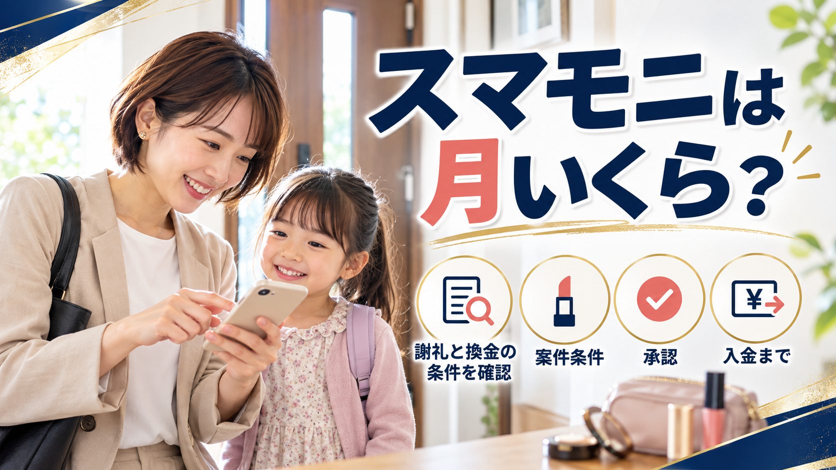 美容モニターの謝礼と換金条件をスマートフォンで確認する女性